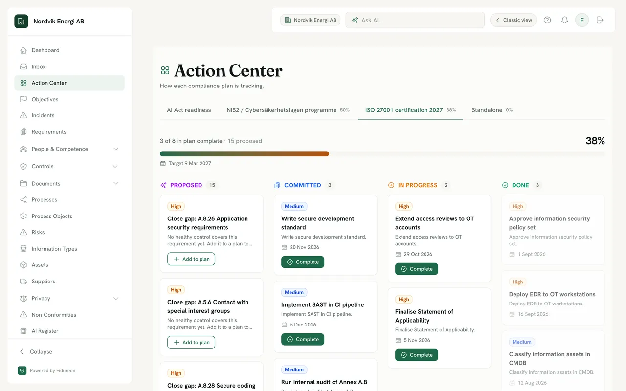 The Action Center board of a fictional demo company's ISO 27001 certification plan: Proposed actions such as “Close gap: A.8.26 Application security requirements” with Add to plan, and Committed actions such as “Write secure development standard” with a due date and a Complete button.