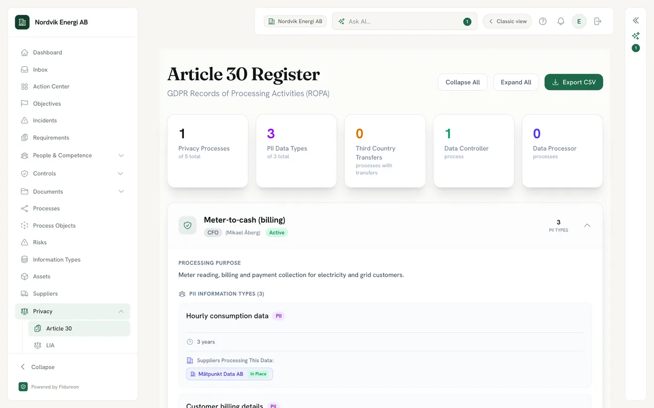 The Article 30 register entry for the Meter-to-cash (billing) process, owner CFO, Active, 3 PII types: processing purpose “Meter reading, billing and payment collection for electricity and grid customers”, then the PII information types, the first being Hourly consumption data with a retention of 3 years and the supplier processing it, Mätpunkt Data AB, with its DPA In Place.