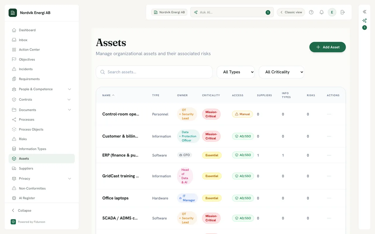 Asset register rows for a demo company: Control-room operators, Customer & billing data and ERP (finance & purchasing) with type, owner, criticality and access; ERP shows 1 supplier and 1 information type, linked from the process canvas.