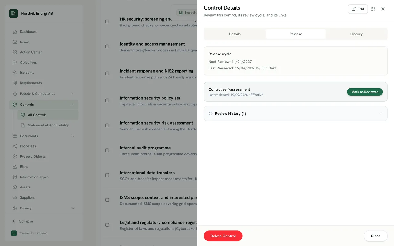 The Review tab of a control drawer: next review date, last reviewed by the owner, a control self-assessment card with outcome Effective and a Mark as Reviewed button, and the review history.