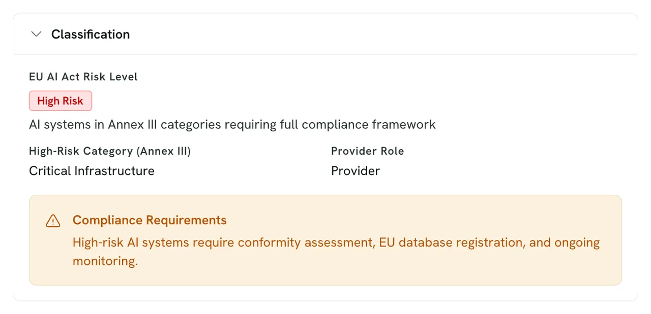 AI system classification for GridCast load forecasting: EU AI Act risk level High Risk, AI systems in Annex III categories requiring full compliance framework; High-Risk Category (Annex III) Critical Infrastructure; Provider Role Provider.