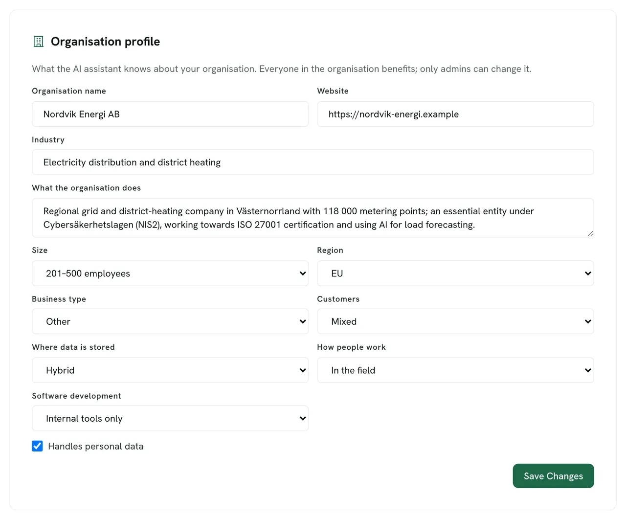 Organisation profile for a demo company: what the AI assistant knows about your organisation, which everyone benefits from and only admins can change — the name Nordvik Energi AB, its website, the industry, electricity distribution and district heating, and a summary of what it does: a regional grid and district-heating company and an essential entity under Cybersäkerhetslagen, working towards ISO 27001 and using AI for load forecasting.