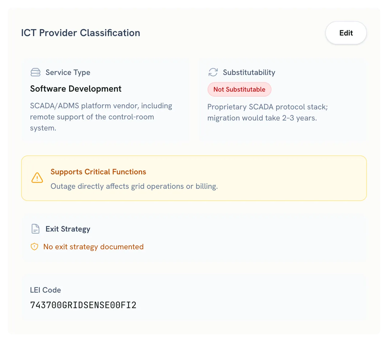 ICT provider classification card: Software Development, Not Substitutable (proprietary SCADA protocol stack), supports critical functions, no exit strategy documented, and an LEI code.
