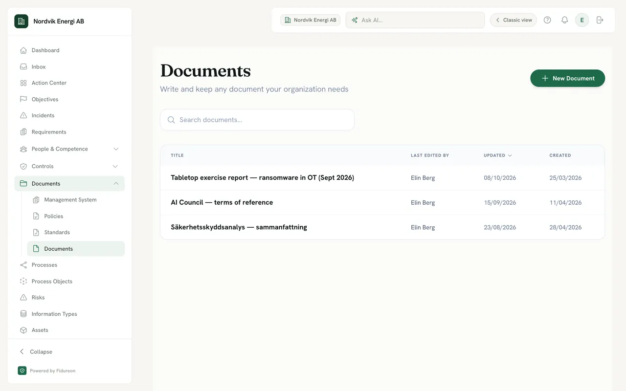 Documents page for a demo company, “Write and keep any document your organization needs”: three documents, a tabletop exercise report, the terms of reference of an AI council and a security analysis summary in Swedish, each with who last edited it and when.