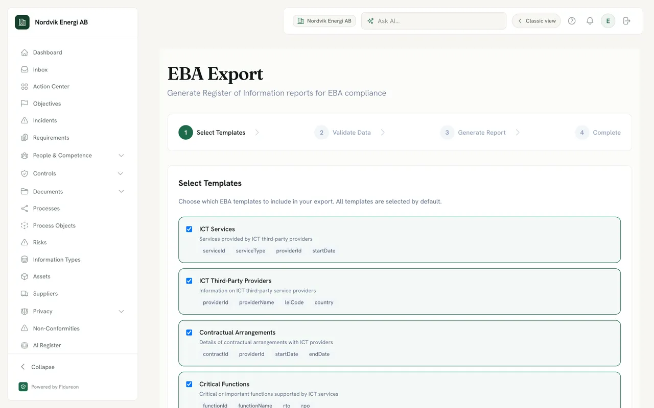 EBA Export wizard for a demo company, step 1 of 4 (select templates, then validate data): template cards for ICT Services, ICT Third-Party Providers, Contractual Arrangements and Critical Functions, all selected, each listing the fields it exports such as providerId, leiCode and startDate.