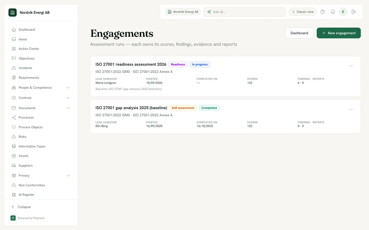 Assessment engagements for a fictional demo company: the ISO 27001 readiness assessment 2026 in progress, compared against the completed ISO 27001 gap analysis 2025 baseline; each engagement shows its scope, lead assessor, dates, requirements scored, findings and reports.