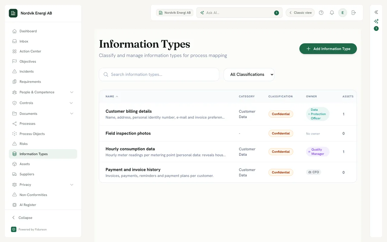 Information Types register right after the canvas quick-create: “Field inspection photos”, Confidential, now listed beside Customer billing details, Hourly consumption data and Payment and invoice history.