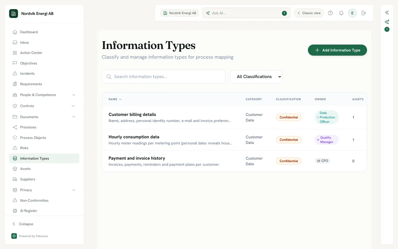 Information Types register for a demo company: Customer billing details, Hourly consumption data and Payment and invoice history, each Customer Data, Confidential, with an owner and the number of assets it is linked to.