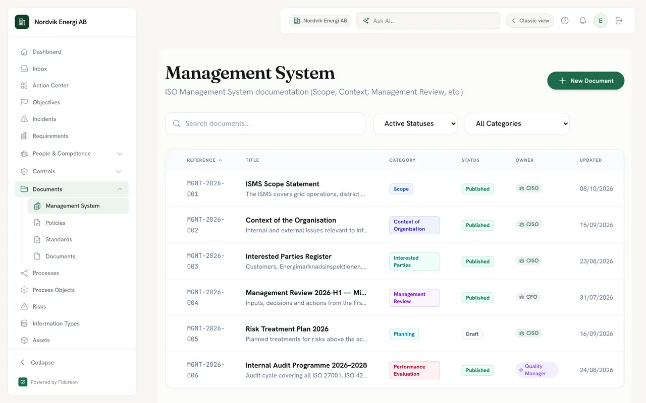 Management system documents for a demo company: scope statement, context of the organisation, interested parties register, management review 2026-H1, risk treatment plan and the internal audit programme 2026–2028, each with a category, a status and an owner role such as Quality Manager.