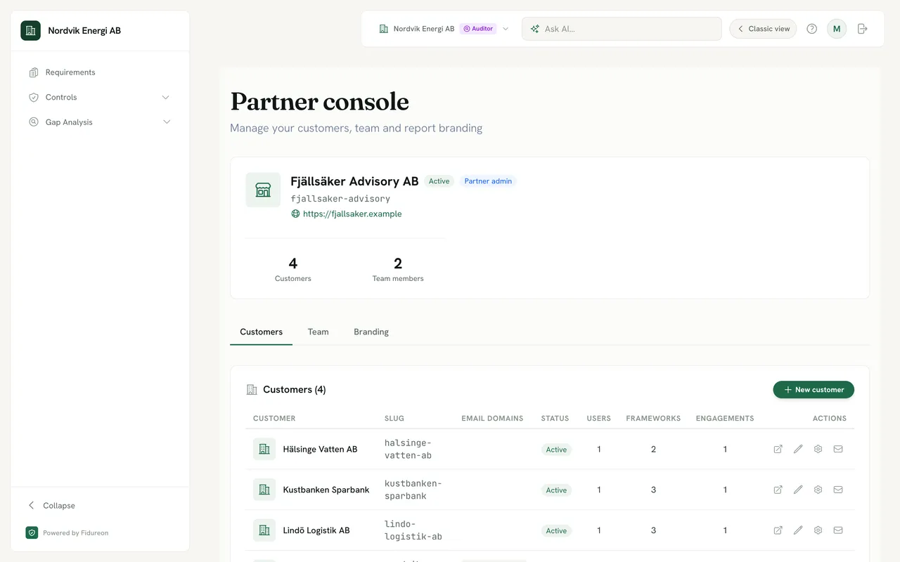 The partner console of a fictional advisory firm, Fjällsäker Advisory AB: 4 customers and 2 team members, tabs for Customers, Team and Branding, a New customer button, and a table of client organisations such as Hälsinge Vatten AB, Kustbanken Sparbank and Lindö Logistik AB, each Active, with users, frameworks and engagements per customer and actions to open, edit, set modules and invite users.