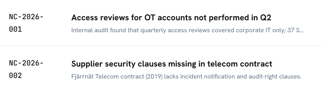 Open non-conformities of a demo company in Fidureon, led by NC-2026-001: access reviews for OT accounts not performed.