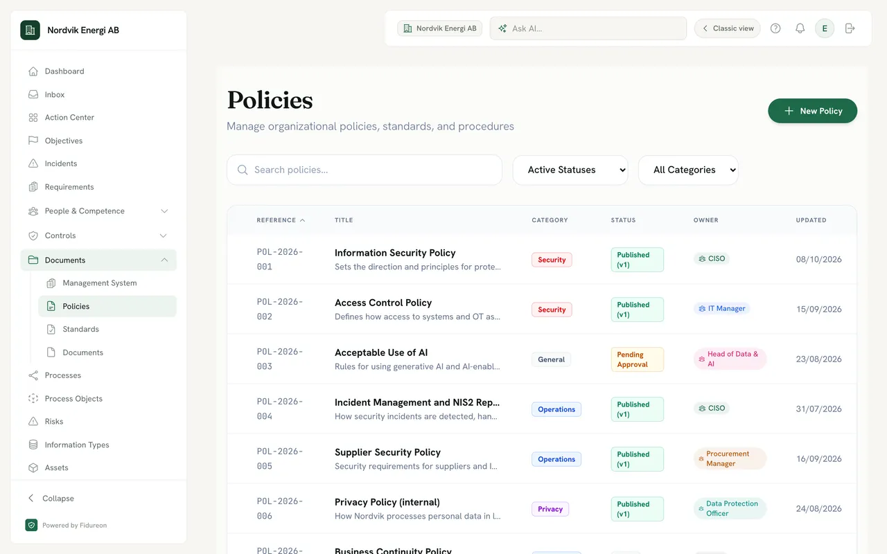 Two policy rows: Information Security Policy and Access Control Policy, each with the category Security and the status Published (v1).