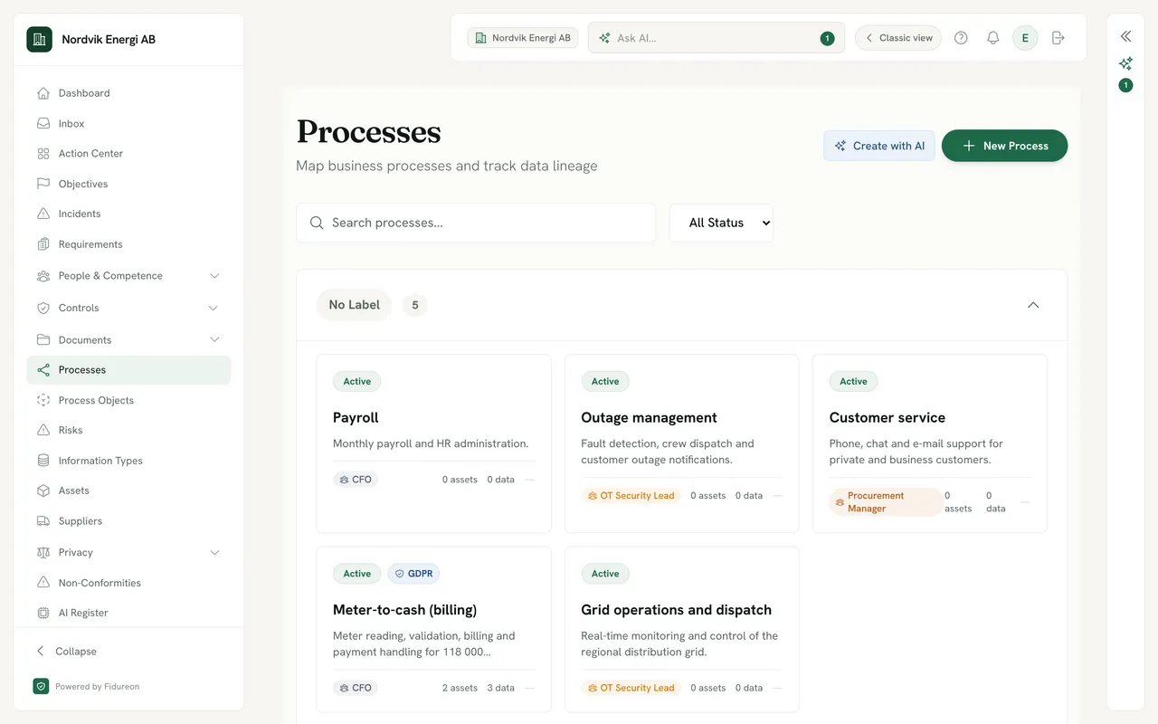 The Meter-to-cash (billing) process card in a demo company’s process list: Active, a GDPR badge, a description of meter reading, validation, billing and payment handling, owner CFO and “2 assets · 3 data” derived from its diagram.