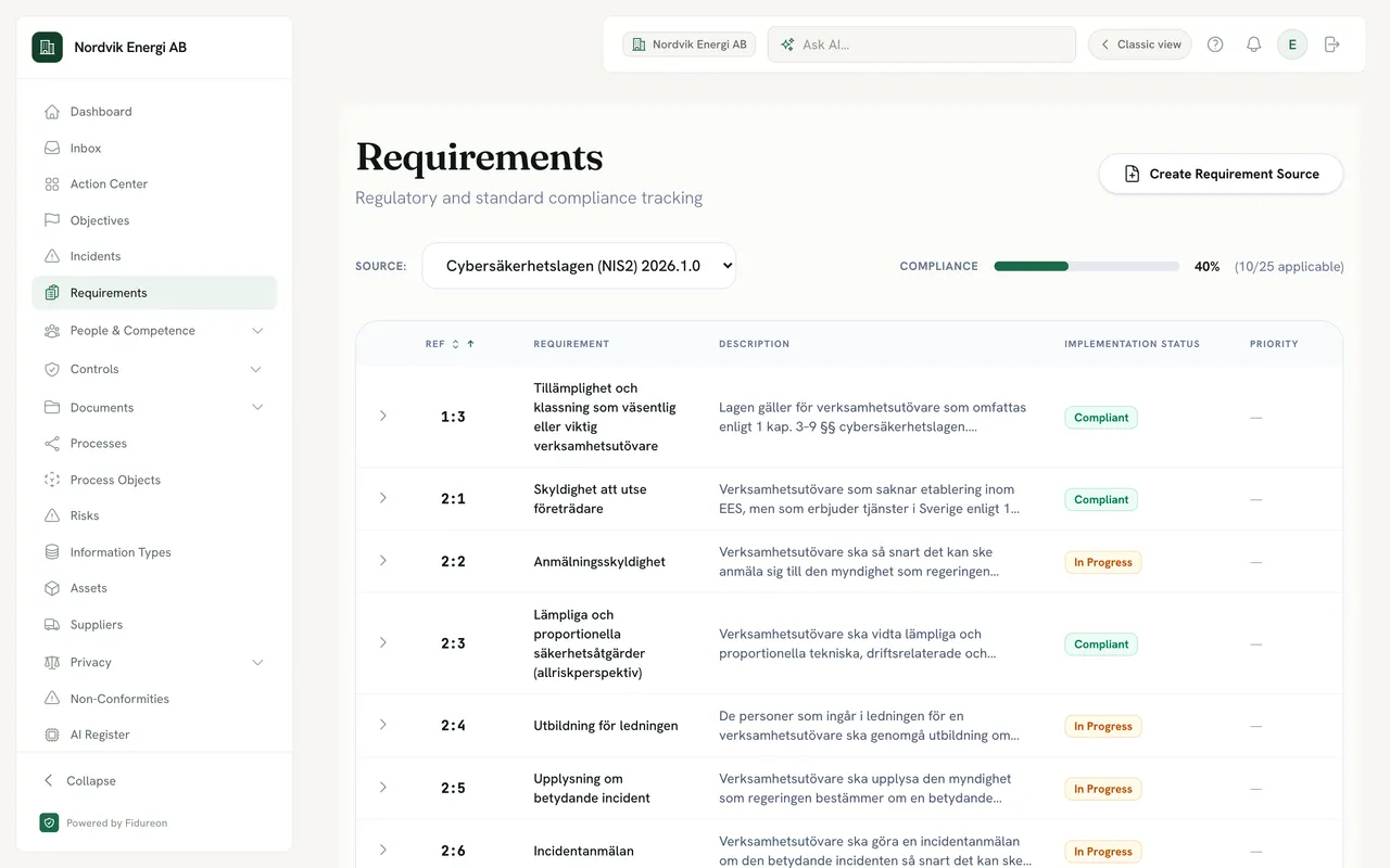 Requirements view for a demo company with the source Cybersäkerhetslagen (NIS2) 2026.1.0 selected: requirements 1:3 and 2:1 with their Swedish names and descriptions.