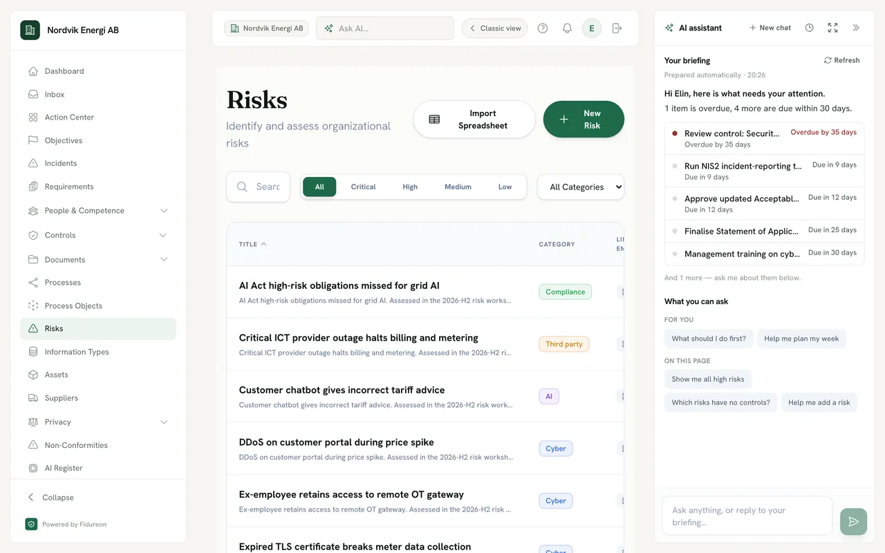 Risk register with the AI assistant pane open: risks such as “AI Act high-risk obligations missed for grid AI” and “Critical ICT provider outage halts billing and metering” with their categories, and, in the pane, the same automatic briefing plus suggestions for this page: “Show me all high risks”, “Which risks have no controls?” and “Help me add a risk”.