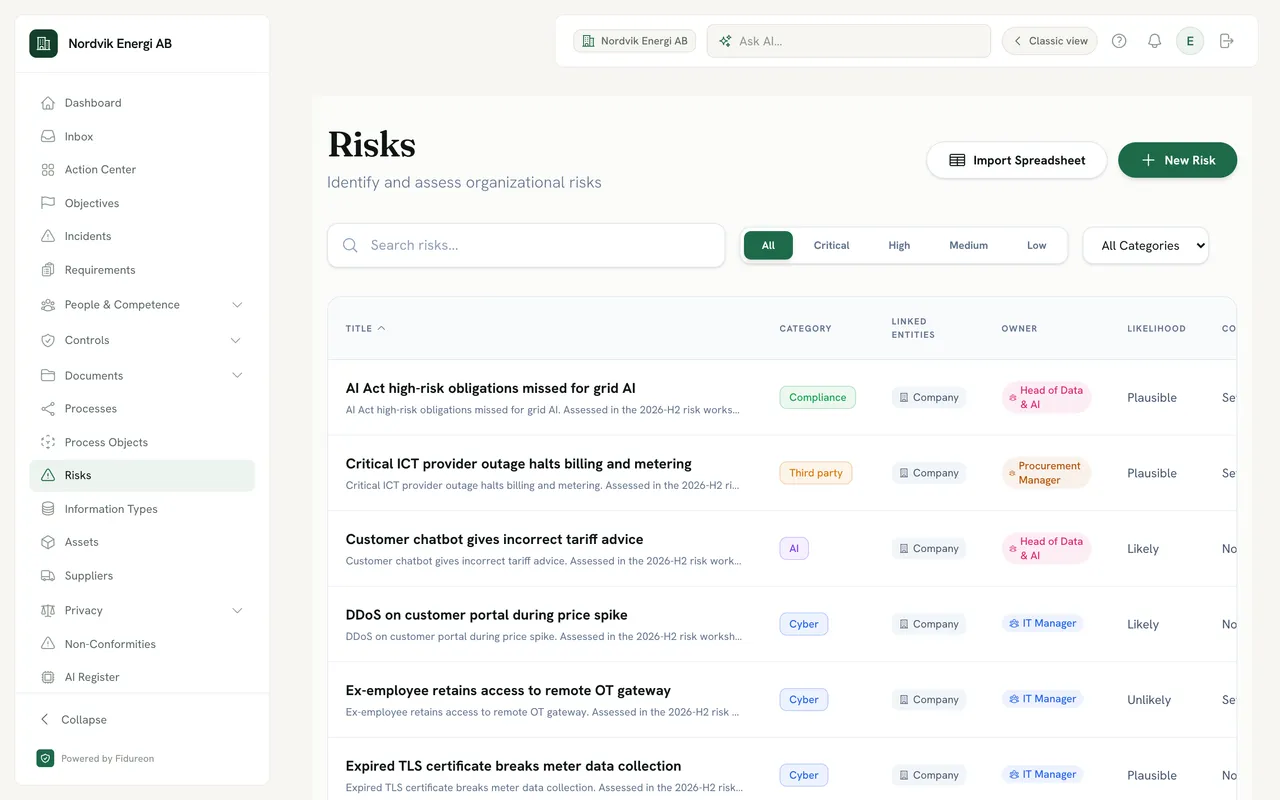 Risk register filtered by severity, listing risks such as “AI Act high-risk obligations missed for grid AI” and “Critical ICT provider outage halts billing and metering”, each with a category, linked entity, owner role and likelihood.