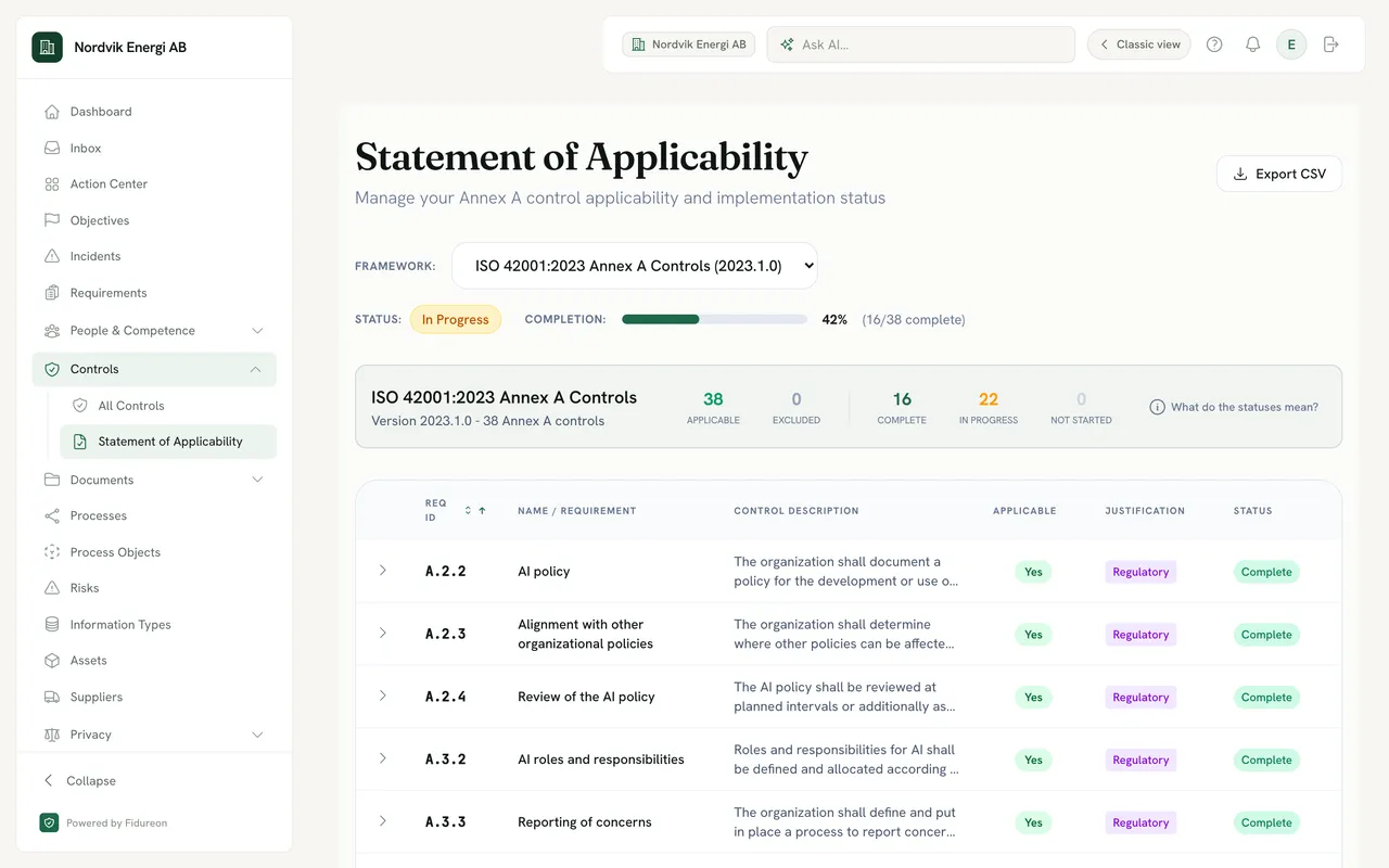 Statement of Applicability for a demo company with ISO 42001:2023 Annex A Controls selected and an Export CSV button: 38 applicable, 0 excluded, 16 complete and 22 in progress, and controls A.2.2 AI policy, A.2.3 Alignment with other organizational policies and A.2.4 Review of the AI policy, each applicable with the justification Regulatory and the status Complete.
