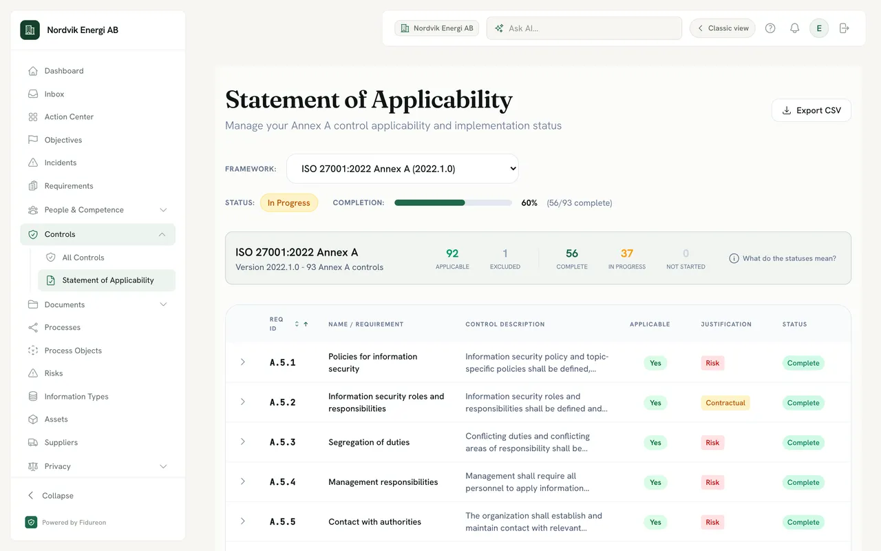 Statement of Applicability for ISO 27001:2022 Annex A at a demo company: 92 applicable, 1 excluded, 56 complete and 37 in progress, with an Export CSV button and a table of controls A.5.1 to A.5.5 showing applicability, justification (Risk, Contractual) and status.