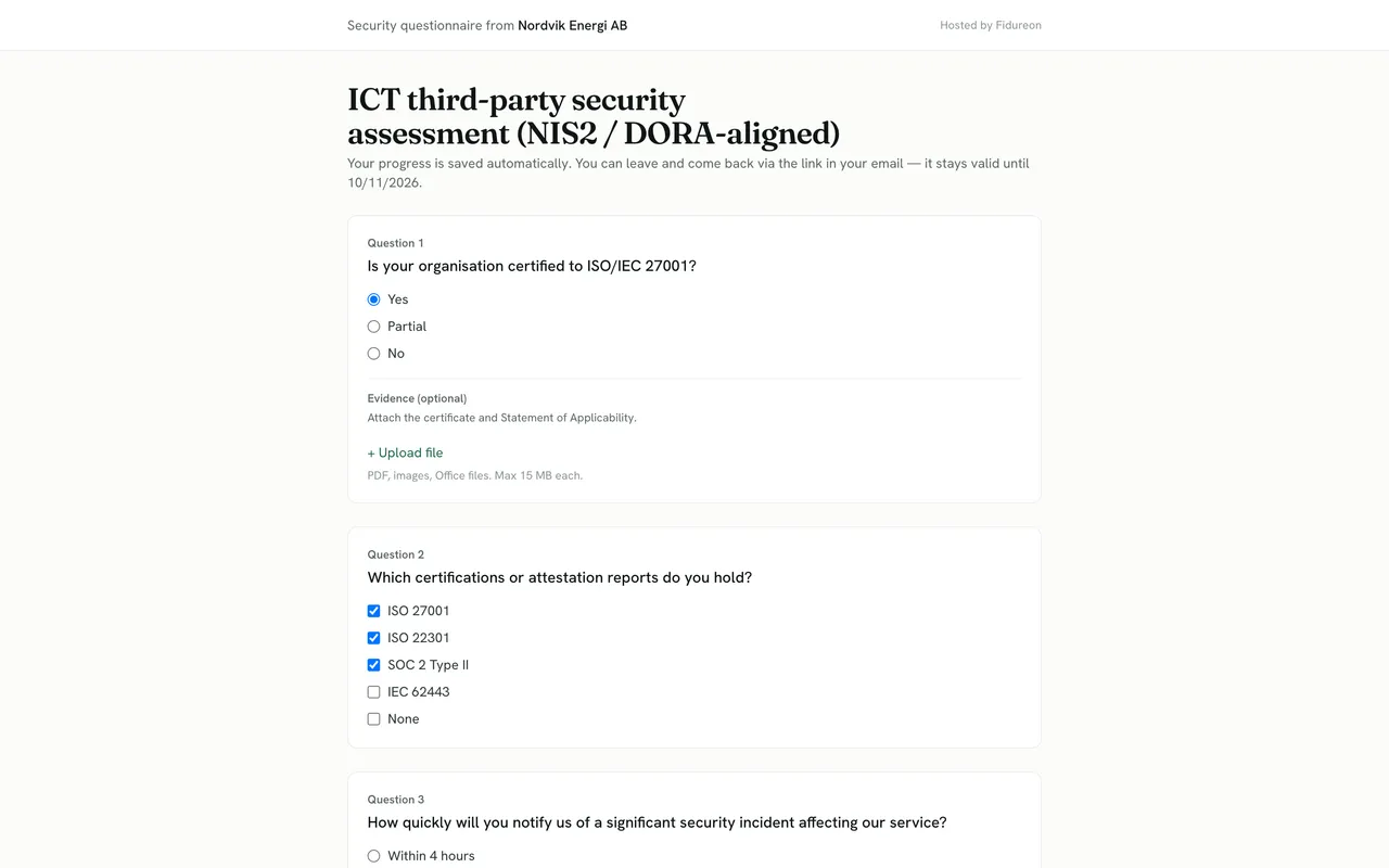 A question in the supplier-facing questionnaire: “Which certifications or attestation reports do you hold?”, with ISO 27001, ISO 22301 and SOC 2 Type II ticked.