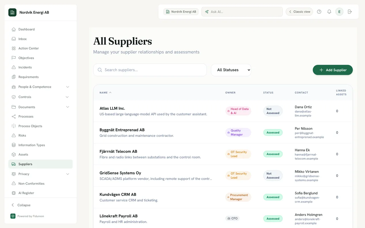 Supplier register of a demo company listing Atlas LLM Inc. (a US-based large-language-model API), Byggnät Entreprenad AB, Fjärrnät Telecom AB, GridSense Systems Oy and Kundvägen CRM AB, each with what it does, an owning role and an assessment status of Assessed or Not Assessed.